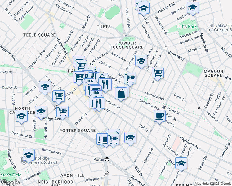 map of restaurants, bars, coffee shops, grocery stores, and more near 362A Highland Avenue in Somerville