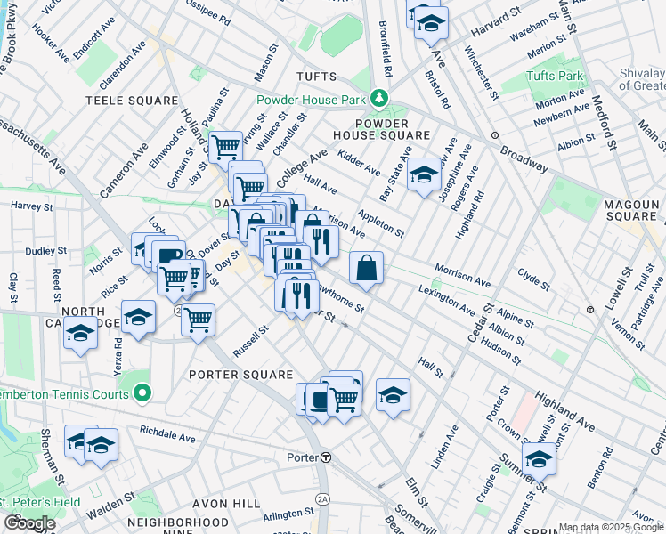 map of restaurants, bars, coffee shops, grocery stores, and more near 378 Highland Avenue in Somerville