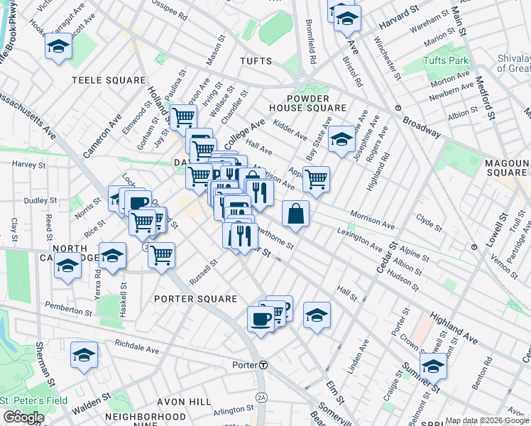 map of restaurants, bars, coffee shops, grocery stores, and more near 378 Highland Avenue in Somerville