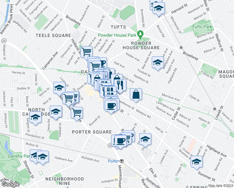 map of restaurants, bars, coffee shops, grocery stores, and more near 378 Highland Avenue in Somerville