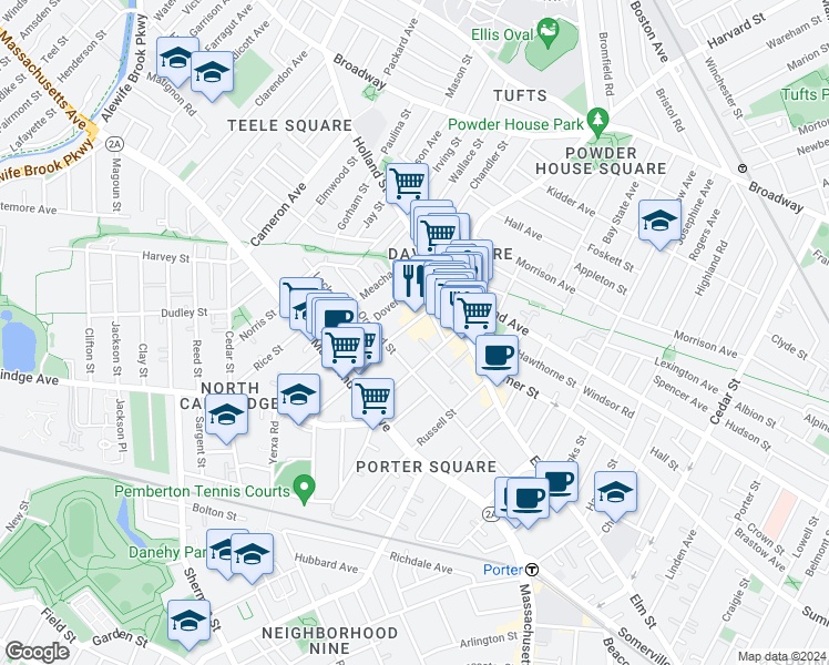 map of restaurants, bars, coffee shops, grocery stores, and more near 123 Orchard Street in Somerville