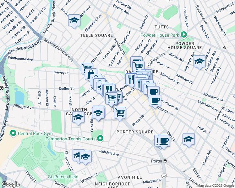 map of restaurants, bars, coffee shops, grocery stores, and more near 15 Day Street in Cambridge