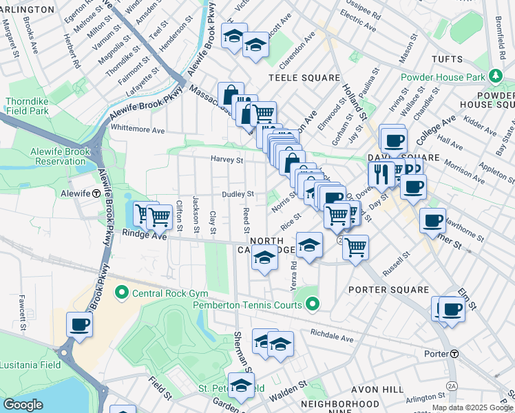 map of restaurants, bars, coffee shops, grocery stores, and more near 53R Cedar Street in Cambridge