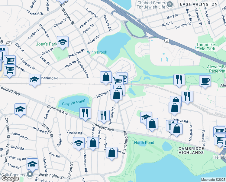 map of restaurants, bars, coffee shops, grocery stores, and more near 2 Brighton Street in Belmont