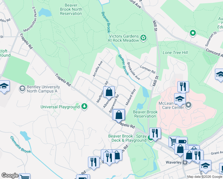 map of restaurants, bars, coffee shops, grocery stores, and more near 11 Copley Avenue in Waltham