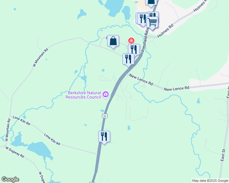 map of restaurants, bars, coffee shops, grocery stores, and more near 309 Pittsfield Road in Lenox