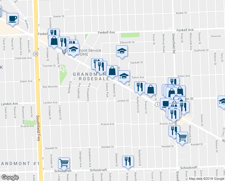map of restaurants, bars, coffee shops, grocery stores, and more near 14526 Asbury Park in Detroit