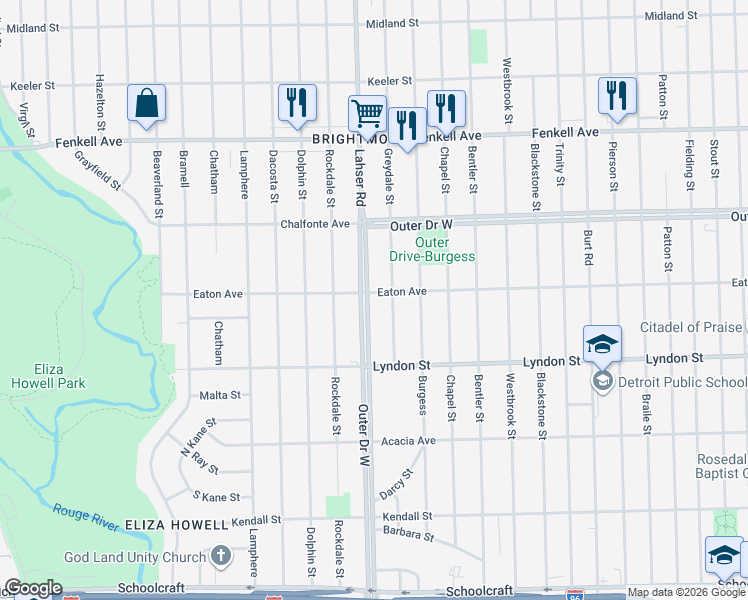 map of restaurants, bars, coffee shops, grocery stores, and more near 11771 Outer Drive West in Detroit