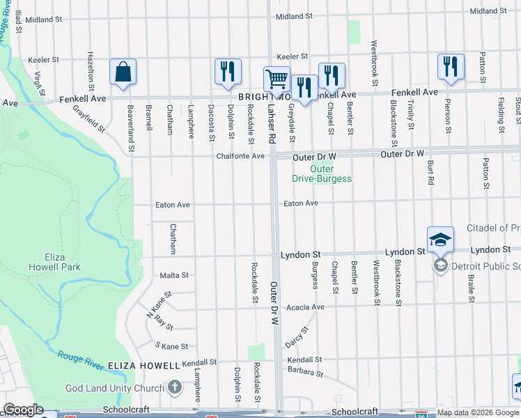 map of restaurants, bars, coffee shops, grocery stores, and more near 14590 Rockdale Street in Detroit