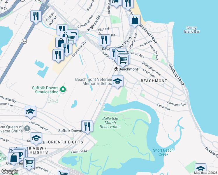 map of restaurants, bars, coffee shops, grocery stores, and more near 93 Bennington Street in Revere