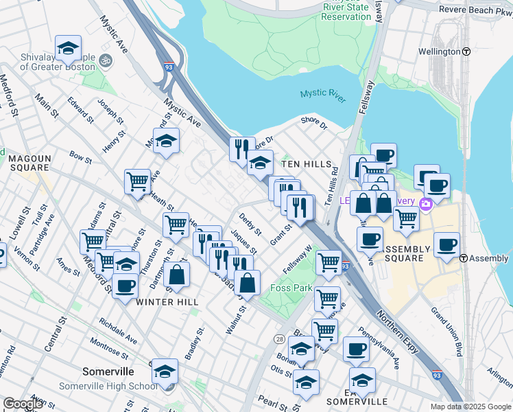 map of restaurants, bars, coffee shops, grocery stores, and more near 43 Sydney Street in Somerville