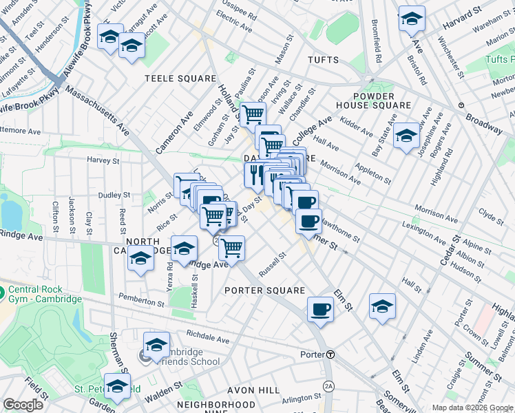 map of restaurants, bars, coffee shops, grocery stores, and more near 123 Orchard Street in Somerville