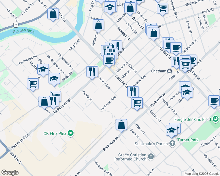 map of restaurants, bars, coffee shops, grocery stores, and more near 216 Inshes Avenue in Chatham-Kent