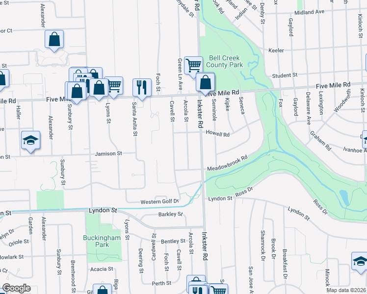 map of restaurants, bars, coffee shops, grocery stores, and more near 14795 Arcola Street in Livonia