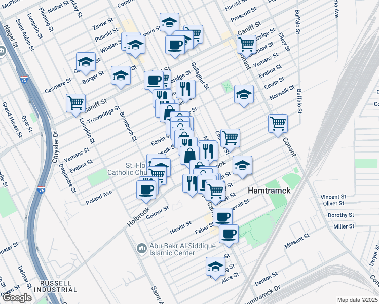 map of restaurants, bars, coffee shops, grocery stores, and more near 9401 Joseph Campau Avenue in Hamtramck