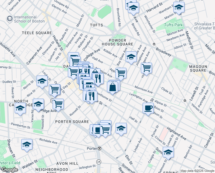 map of restaurants, bars, coffee shops, grocery stores, and more near 371 Highland Avenue in Somerville