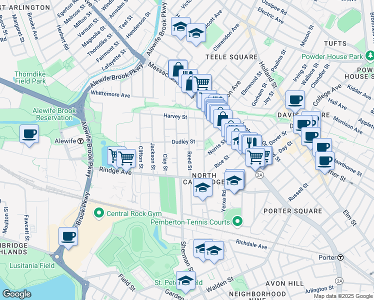 map of restaurants, bars, coffee shops, grocery stores, and more near 37 Montgomery Street in Cambridge