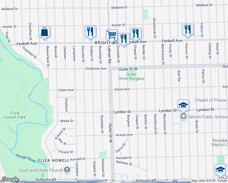 map of restaurants, bars, coffee shops, grocery stores, and more near 11771 Outer Drive West in Detroit