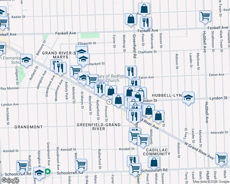 map of restaurants, bars, coffee shops, grocery stores, and more near 15800 Grand River Avenue in Detroit