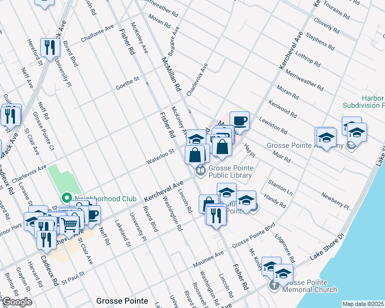 map of restaurants, bars, coffee shops, grocery stores, and more near 179 Mc Kinley Avenue in Grosse Pointe Farms