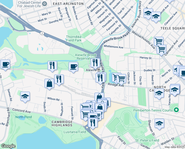 map of restaurants, bars, coffee shops, grocery stores, and more near Steel Place in Cambridge
