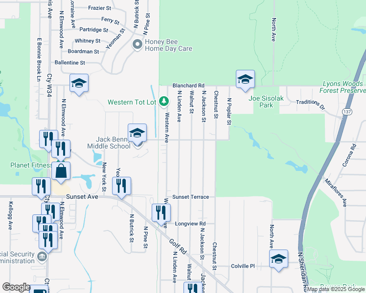map of restaurants, bars, coffee shops, grocery stores, and more near 2314 Walnut Street in Waukegan