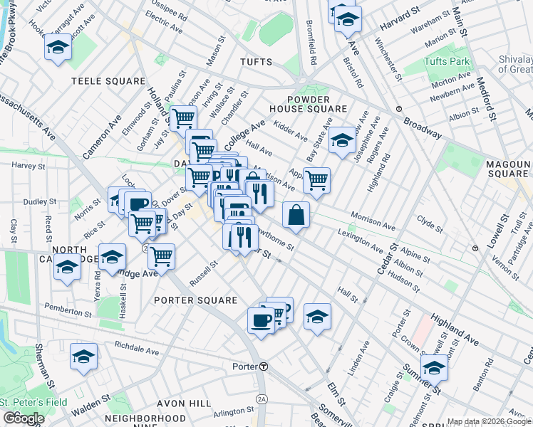 map of restaurants, bars, coffee shops, grocery stores, and more near 378 Highland Avenue in Somerville