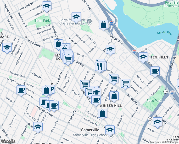 map of restaurants, bars, coffee shops, grocery stores, and more near 43 Adams Street in Somerville