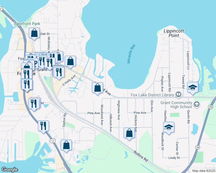 map of restaurants, bars, coffee shops, grocery stores, and more near 1 Lakeside Lane in Fox Lake
