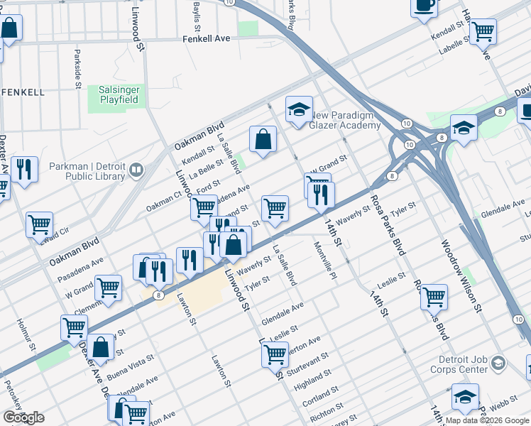 map of restaurants, bars, coffee shops, grocery stores, and more near 13600 La Salle Boulevard in Detroit