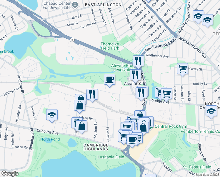 map of restaurants, bars, coffee shops, grocery stores, and more near 87 Cambridgepark Drive in Cambridge