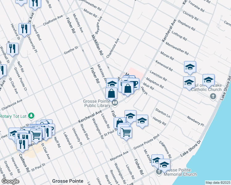 map of restaurants, bars, coffee shops, grocery stores, and more near 176 McKinley Avenue in Grosse Pointe Farms