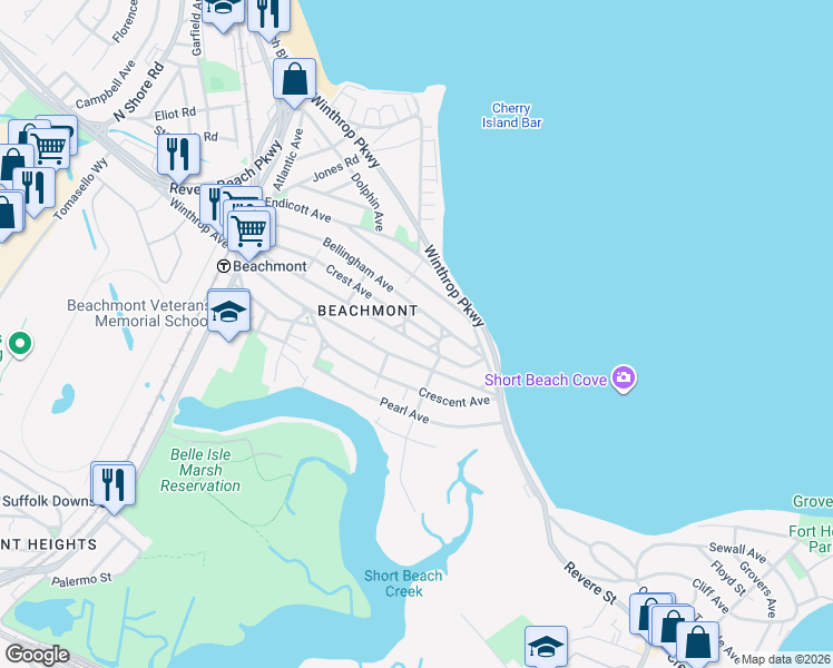 map of restaurants, bars, coffee shops, grocery stores, and more near 198 Bellingham Avenue in Revere