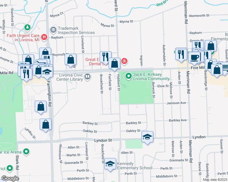map of restaurants, bars, coffee shops, grocery stores, and more near 15055 Hubbard Street in Livonia