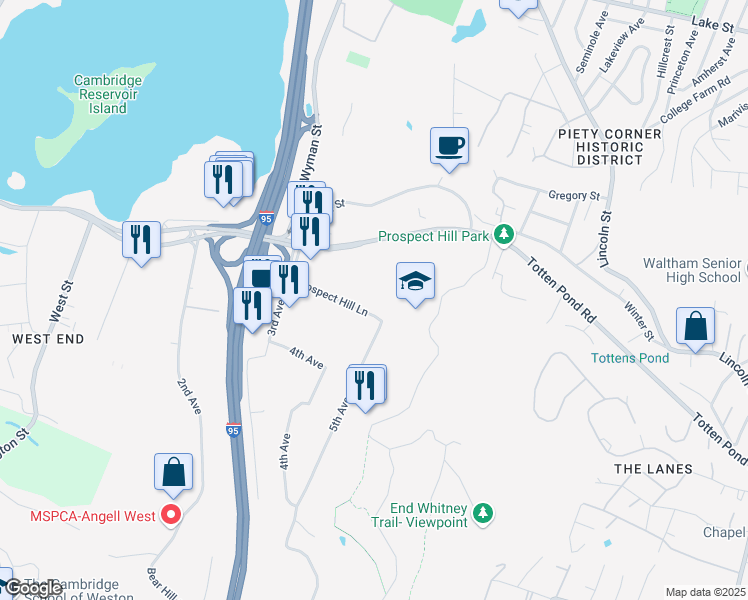 map of restaurants, bars, coffee shops, grocery stores, and more near 460 Totten Pond Road in Waltham