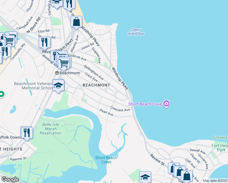 map of restaurants, bars, coffee shops, grocery stores, and more near 198 Bellingham Avenue in Revere