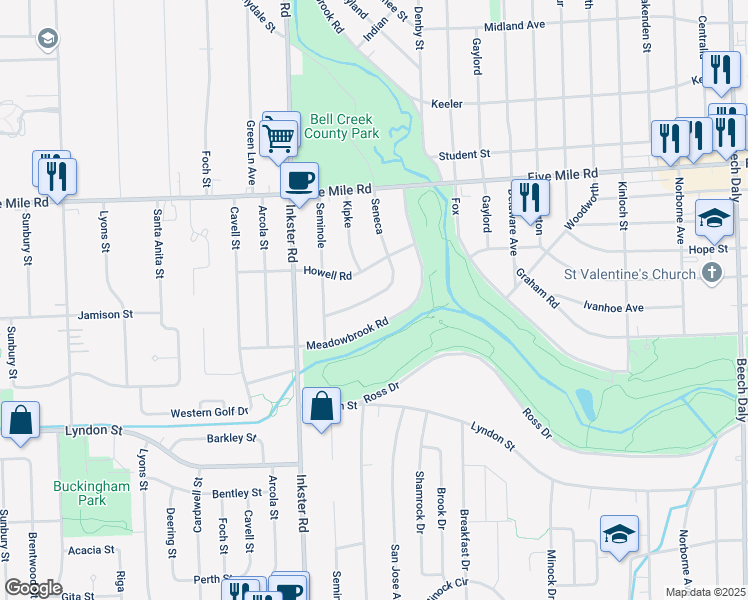 map of restaurants, bars, coffee shops, grocery stores, and more near 27157 Howell Road in Redford Charter Township