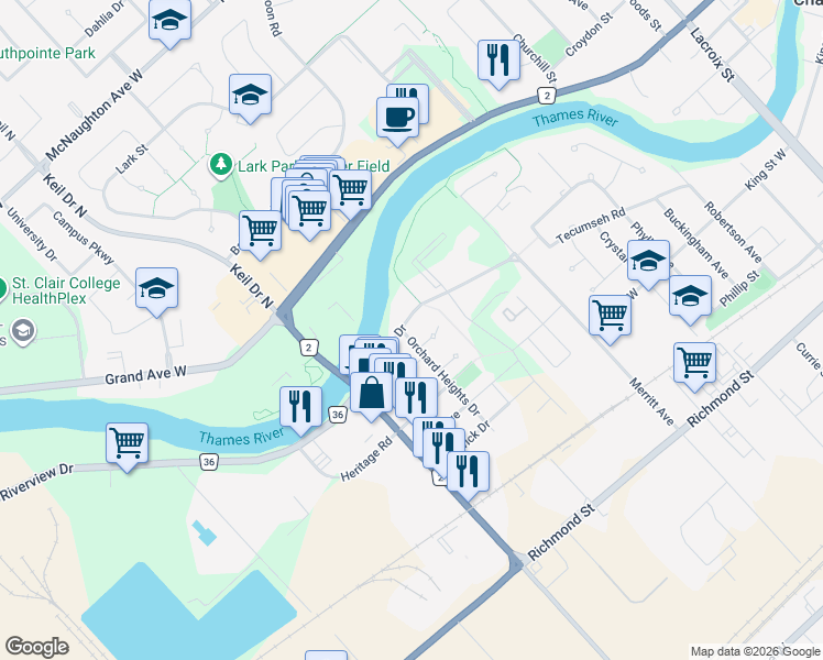 map of restaurants, bars, coffee shops, grocery stores, and more near 90 Riverview Drive in Chatham-Kent