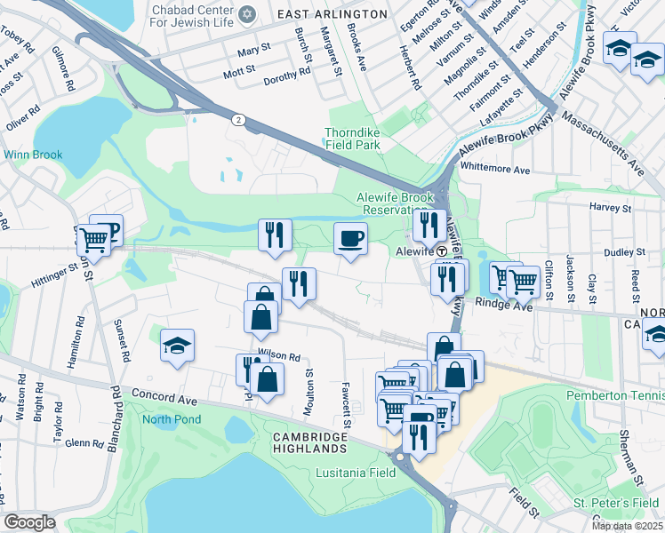 map of restaurants, bars, coffee shops, grocery stores, and more near 165 Cambridgepark Drive in Cambridge