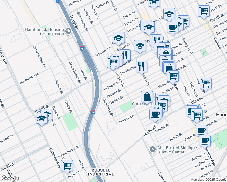 map of restaurants, bars, coffee shops, grocery stores, and more near 2030 Belmont Street in Hamtramck