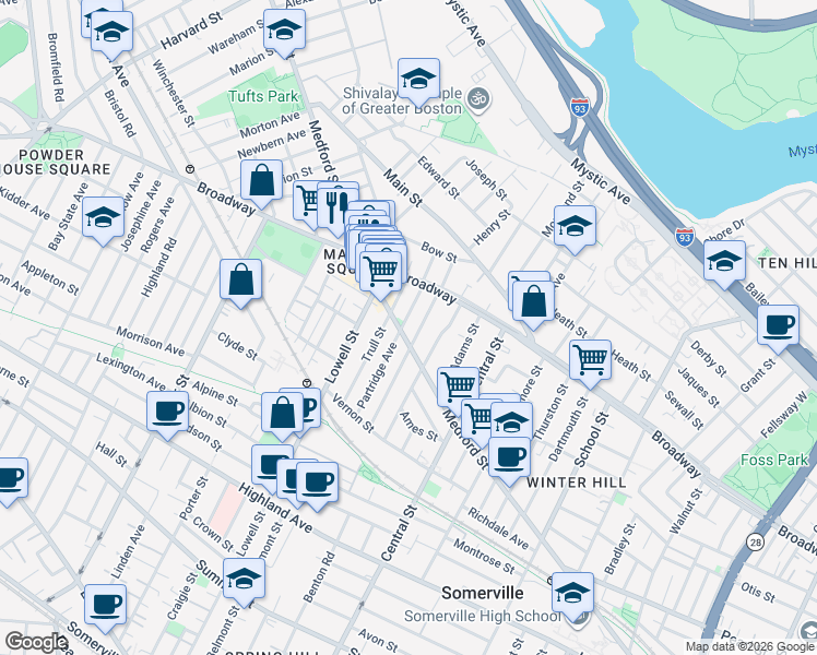 map of restaurants, bars, coffee shops, grocery stores, and more near 499 Medford Street in Somerville