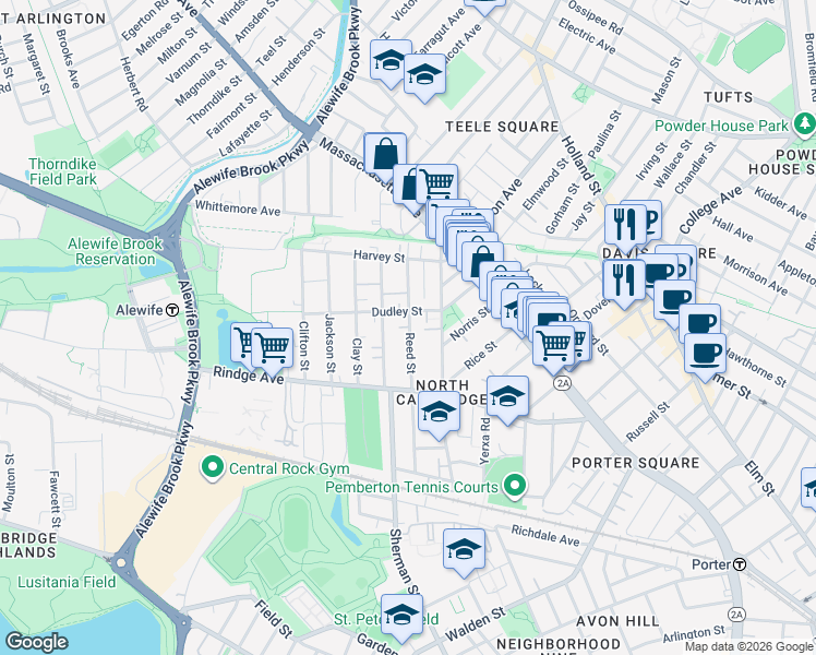 map of restaurants, bars, coffee shops, grocery stores, and more near 63 Dudley Street in Cambridge