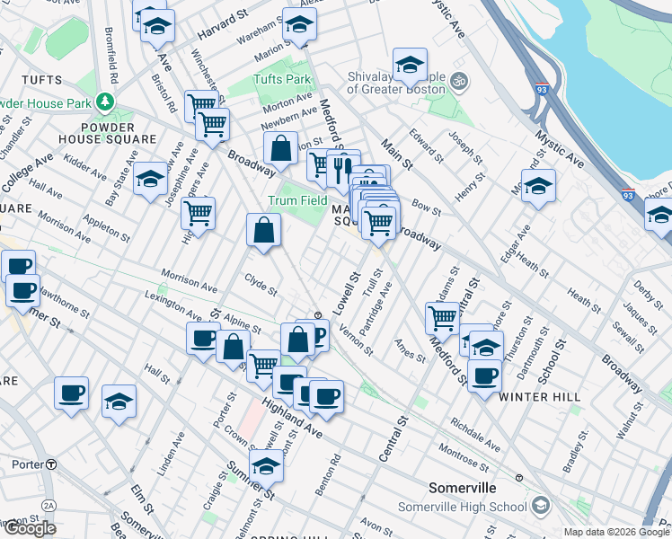 map of restaurants, bars, coffee shops, grocery stores, and more near 36 Hinckley Street in Somerville