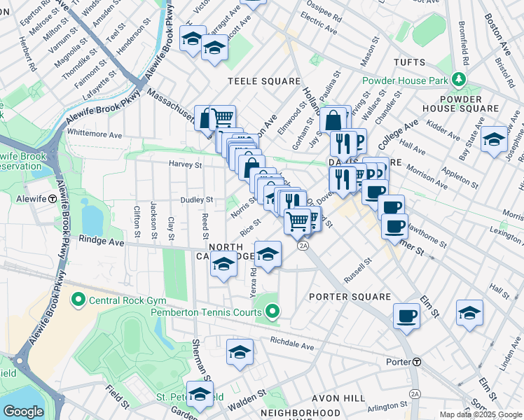 map of restaurants, bars, coffee shops, grocery stores, and more near in Cambridge