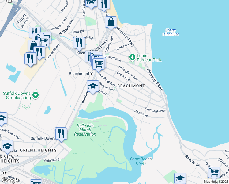 map of restaurants, bars, coffee shops, grocery stores, and more near 776 Winthrop Avenue in Revere