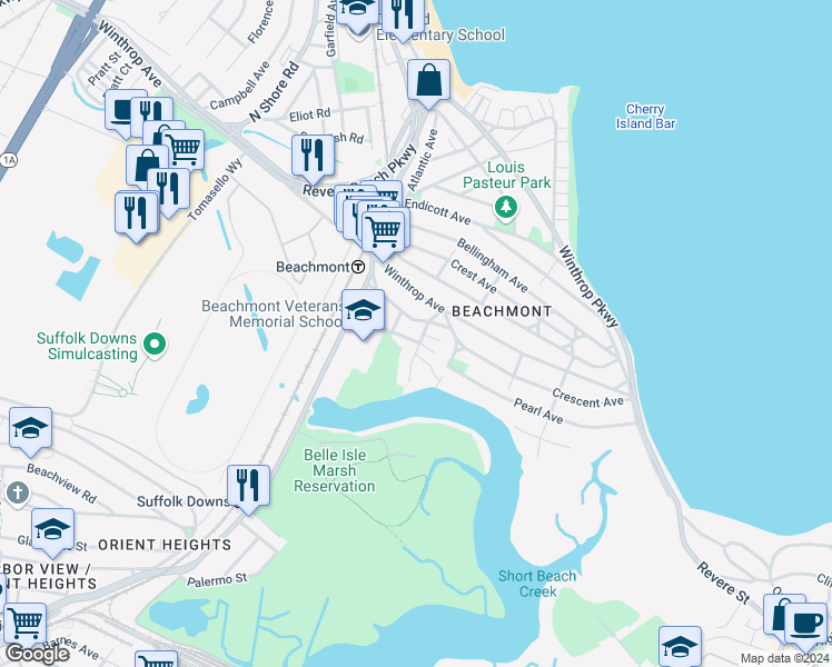 map of restaurants, bars, coffee shops, grocery stores, and more near 64 Crescent Avenue in Revere