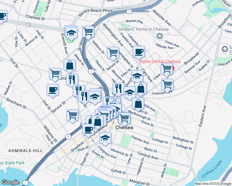 map of restaurants, bars, coffee shops, grocery stores, and more near 14 Heard Street in Chelsea