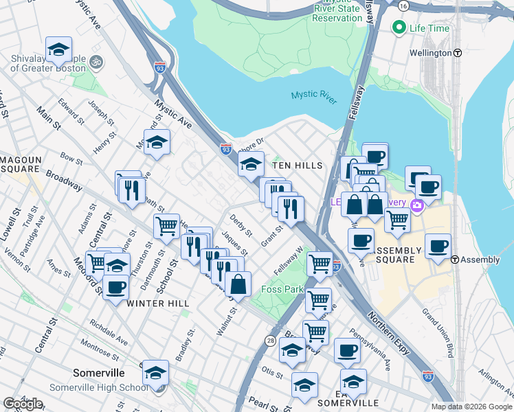 map of restaurants, bars, coffee shops, grocery stores, and more near 472 Mystic Avenue in Somerville