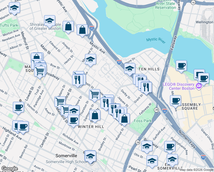 map of restaurants, bars, coffee shops, grocery stores, and more near 105 Jaques Street in Somerville