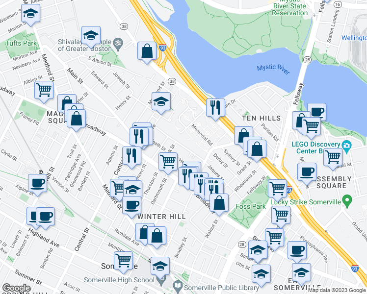 map of restaurants, bars, coffee shops, grocery stores, and more near 105 Jaques Street in Somerville